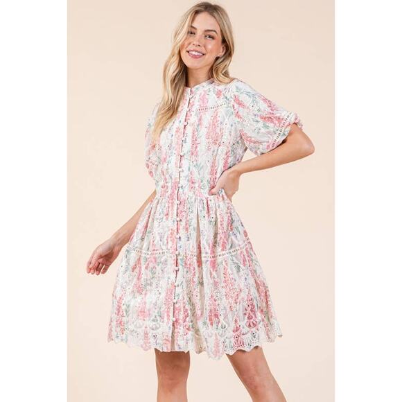 GeeGee x Lovelo Floral Eyelet Lace Mini Shirt Dress - Picture 1 of 8